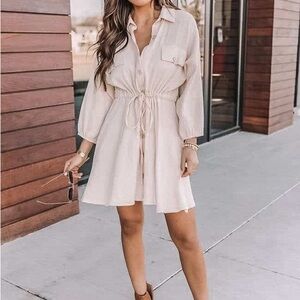 Lumiere Neutral Beige Oversized Collared Gauze Mini Dress